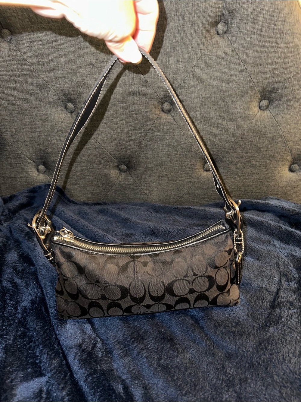 Coach Black Signature Jacquard Shoulder bag with Leather Strap 6371